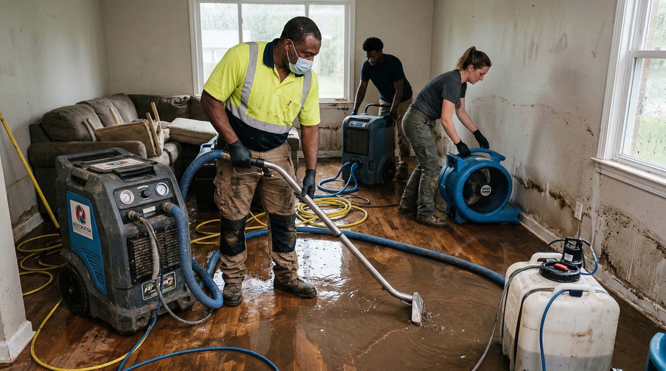 Restoration crew in PPE assessing a finished basement after a sewage backup